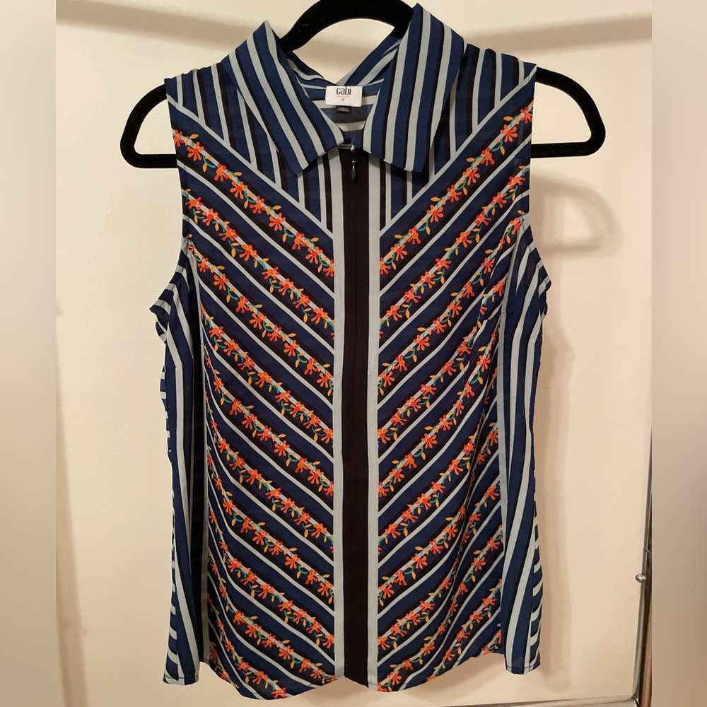 CAbi Blue and White Striped Floral Zip-Up Blouse